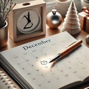 Planejamento de resoluções de fim de ano com um calendário e um caderno em uma mesa organizada.