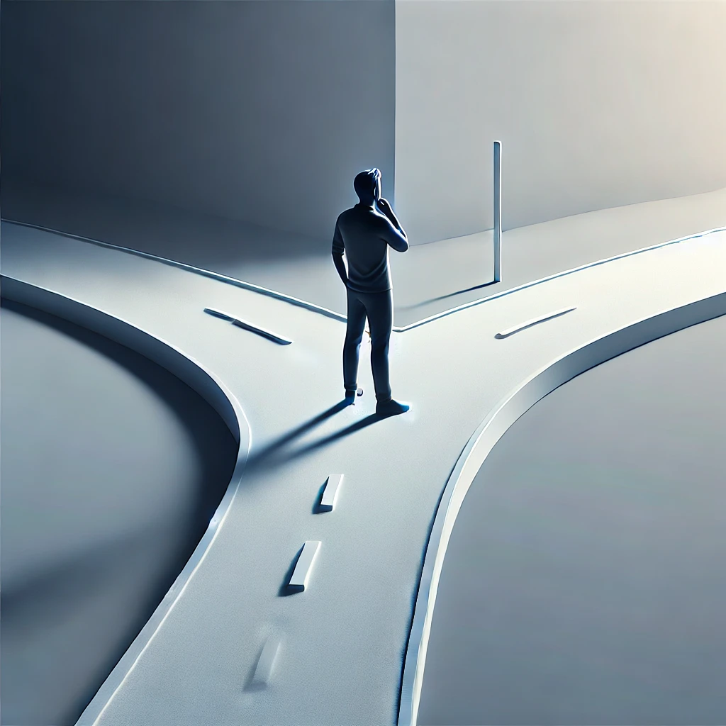 Ilustração realista e minimalista de uma pessoa em uma encruzilhada, simbolizando a escolha entre a autossabotagem e o sucesso, com caminhos contrastantes.