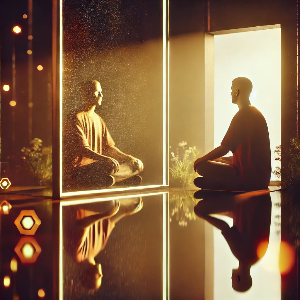 Imagem realista representando o autoconhecimento, com uma pessoa refletindo diante de um espelho, simbolizando introspecção e crescimento pessoal.