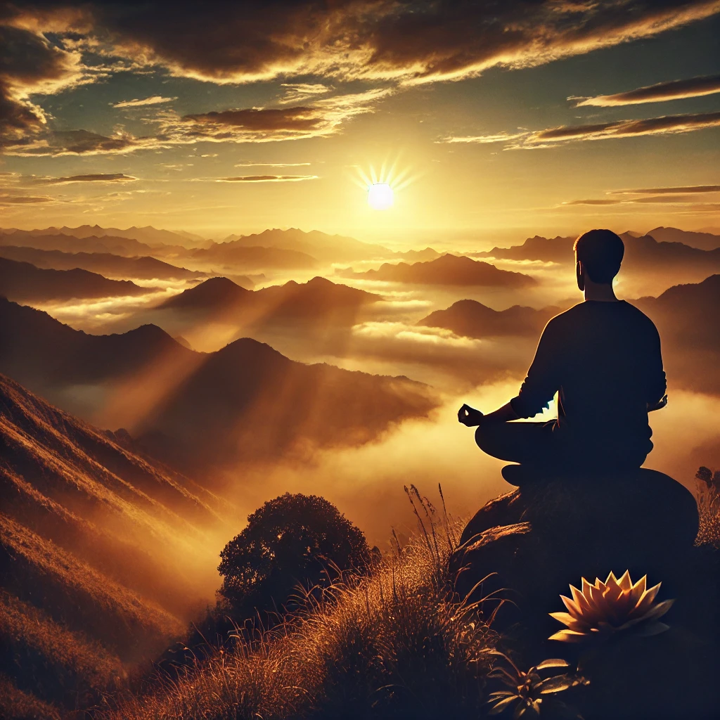Pessoa sentada no topo de uma montanha ao amanhecer, meditando e refletindo. O fundo exibe montanhas cobertas por névoa e um sol nascente, simbolizando autoconhecimento, paz interior e crescimento pessoal. A cena transmite tranquilidade e inspiração, com tons dourados e uma atmosfera serena