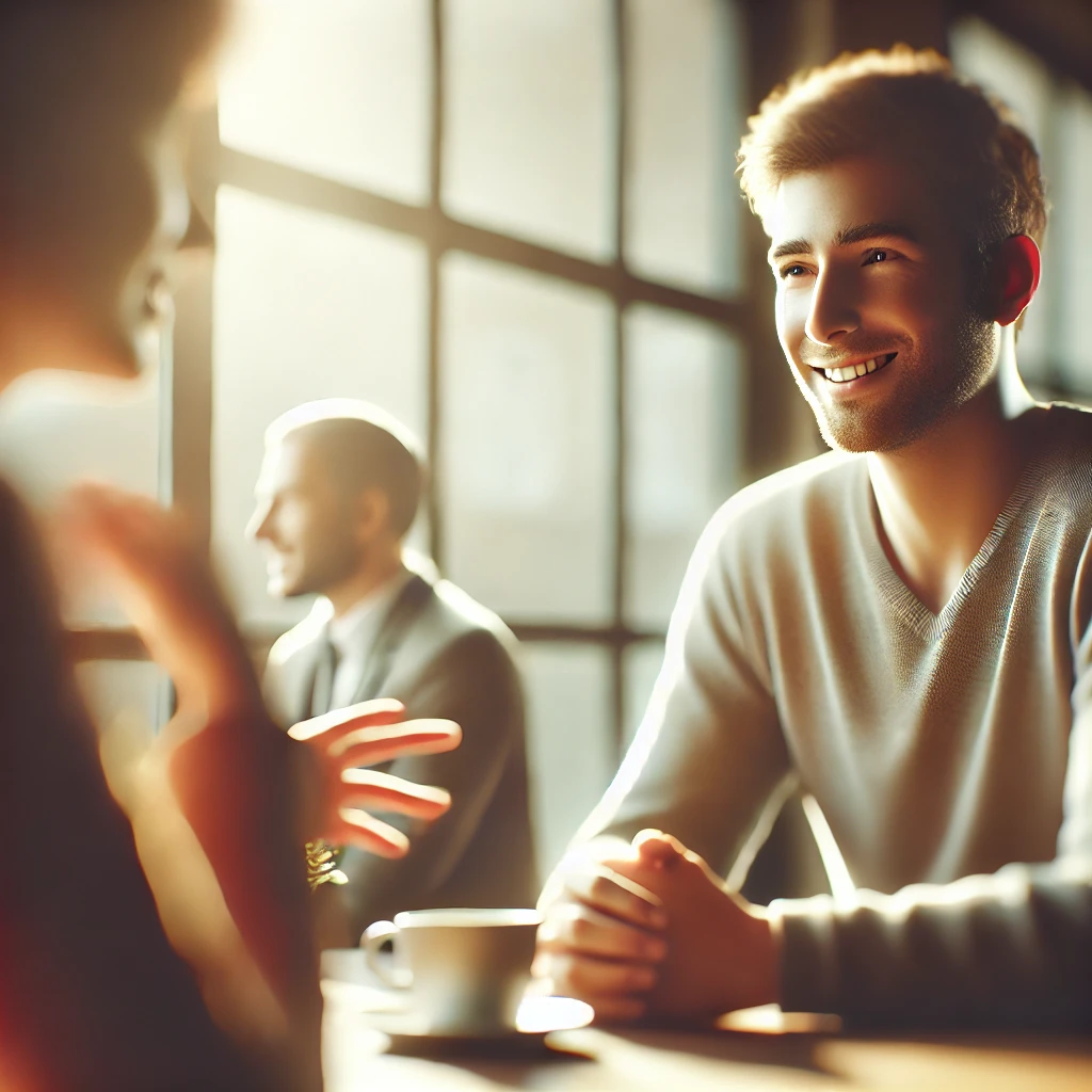 Diálogo de duas pessoas conversando em um café aconchegante; uma escuta atentamente com um sorriso caloroso, enquanto a outra fala com gestos expressivos, criando uma conexão autêntica.