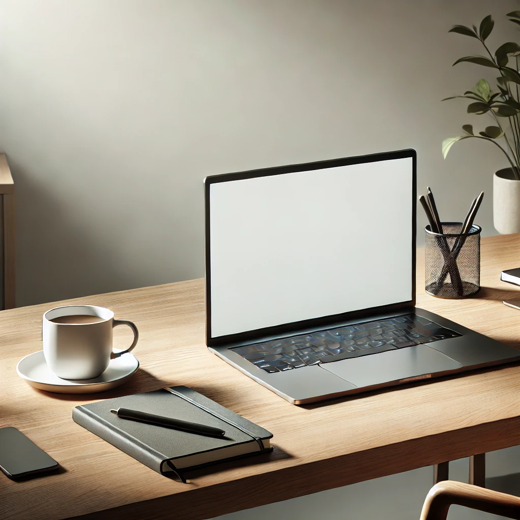 "Imagem de um ambiente de trabalho minimalista e organizado. Uma mesa de madeira moderna com um laptop elegante, um caderno e uma xícara de café. Iluminação natural suave vinda de uma janela próxima, criando uma atmosfera tranquila e focada. Ao fundo, um pequeno vaso com planta adiciona um toque de natureza