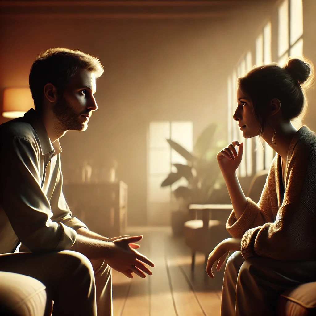 Duas pessoas em uma conversa profunda e empática, demonstrando compreensão e conexão através de expressões faciais e linguagem corporal em um ambiente aconchegante."