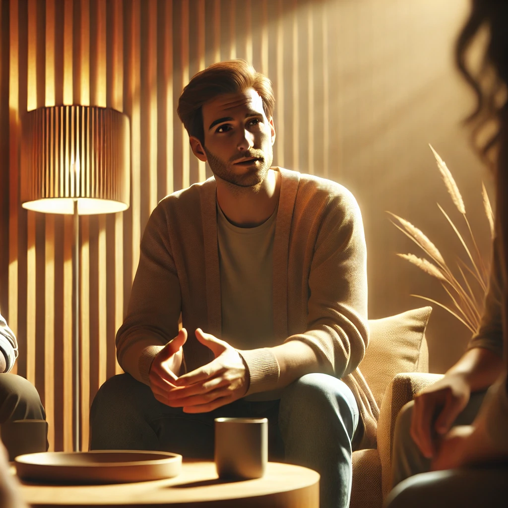 Pessoa expressiva conversando com um pequeno grupo em um ambiente acolhedor, transmitindo empatia e autenticidade, inspirando os ouvintes com suas palavras