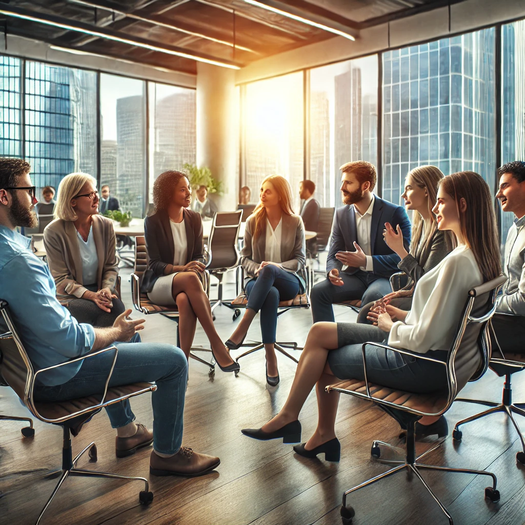 Profissionais interagindo em um ambiente corporativo, demonstrando inteligência social e comunicação eficaz.