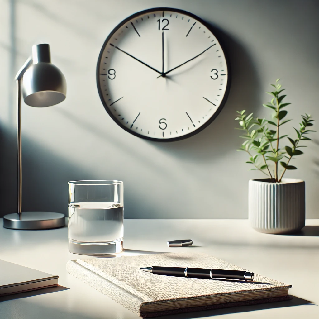 Uma mesa de trabalho minimalista e organizada com um copo d'água, um diário aberto com uma caneta e um relógio simples ao fundo. O ambiente transmite equilíbrio, produtividade e hábitos saudáveis, com iluminação suave e um toque de natureza