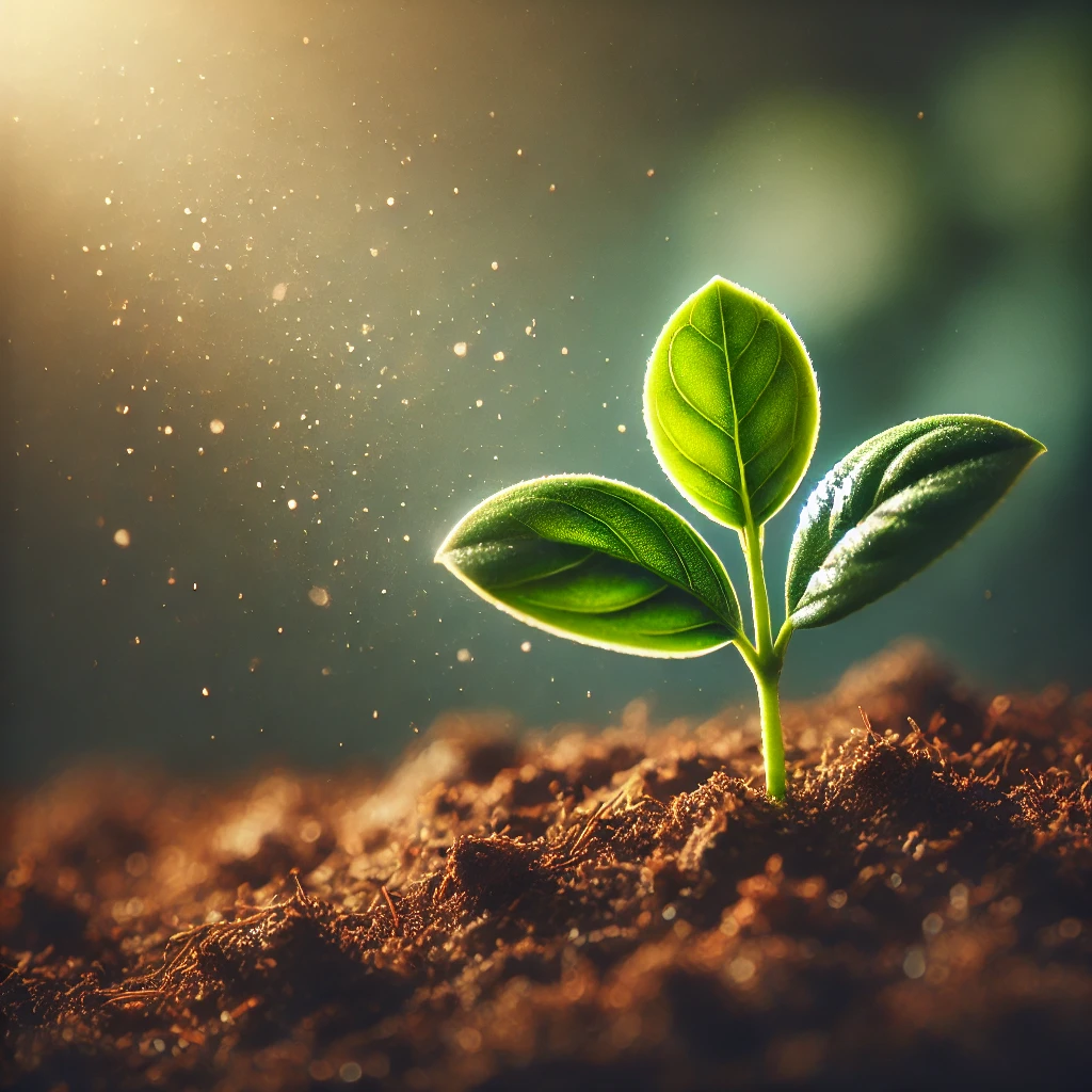Pequena planta verde brotando de um solo fértil, iluminada suavemente pela luz do sol. A imagem simboliza crescimento pessoal, resiliência e evolução contínua, com um fundo desfocado que destaca o processo de transformação.