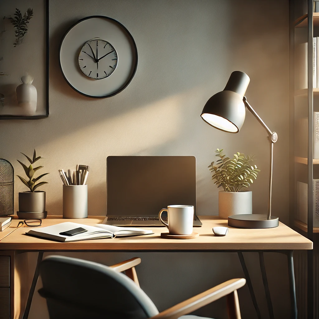 Um ambiente de estudo organizado e inspirador com iluminação natural, destacando a motivação para estudar.