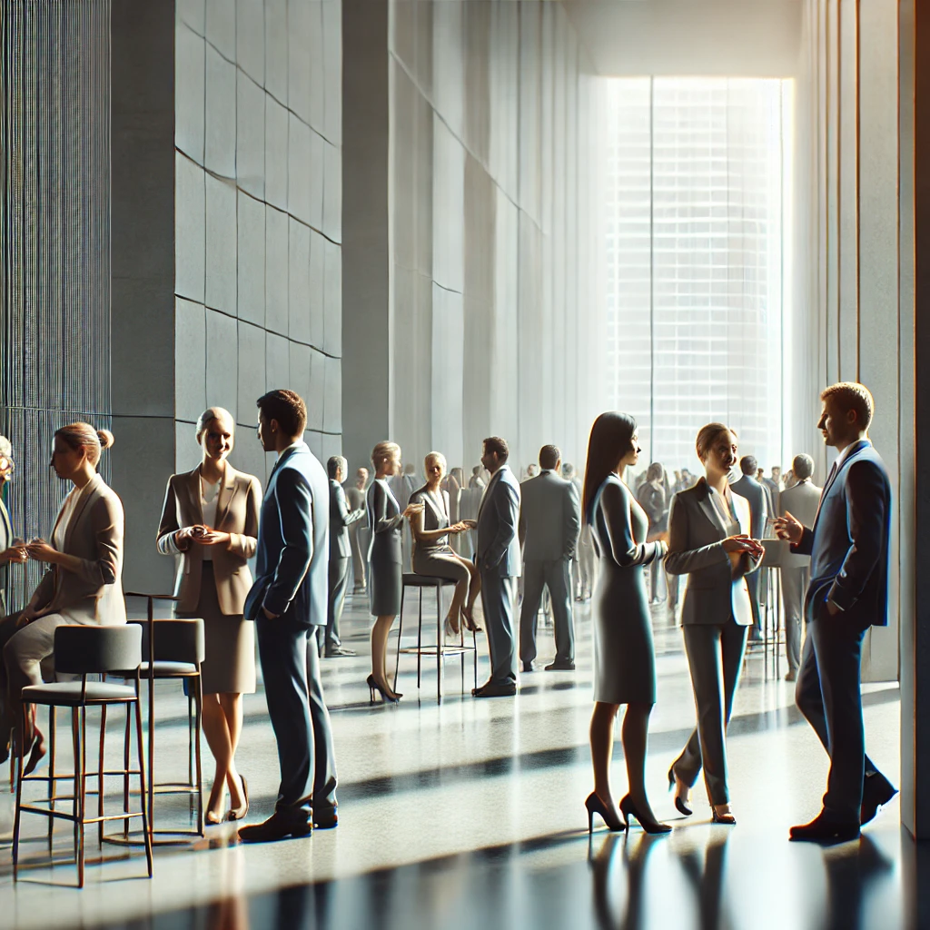 Profissionais interagindo em um evento de networking, simbolizando conexões autênticas e estratégicas para crescimento pessoal e profissional.
