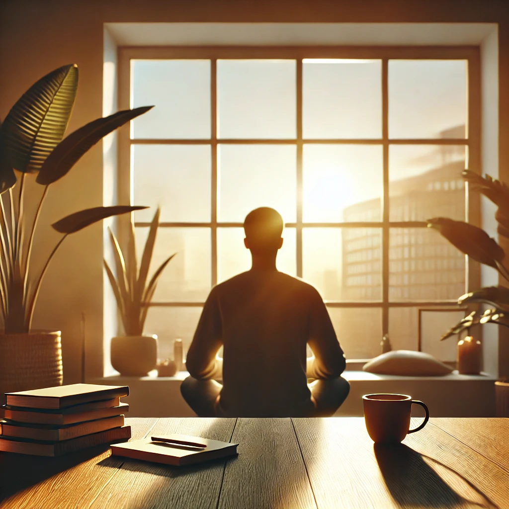Uma cena minimalista e realista mostrando uma pessoa ao amanhecer em um ambiente tranquilo, em frente a uma janela ampla. A pessoa está sentada em uma posição de reflexão, segurando uma xícara de chá ou café, cercada por livros ou uma planta pequena ao lado. A luz do sol matinal ilumina suavemente o ambiente, criando uma sensação de calma, foco e inspiração para começar o dia.
