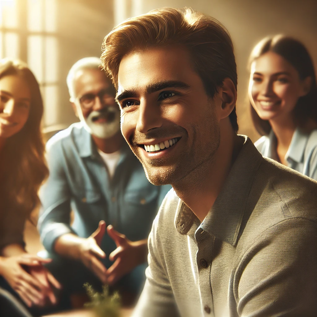 Pessoa sorridente interagindo com um grupo, transmitindo simpatia e carisma em um ambiente acolhedor e amigável.