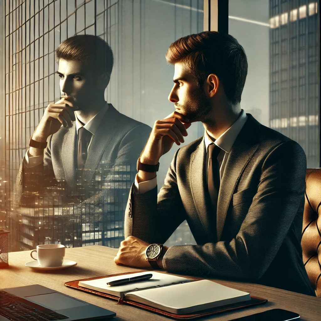 Profissional refletindo sobre sua jornada de carreira, representando a importância do autoconhecimento no sucesso profissional e tomada de decisões estratégicas.