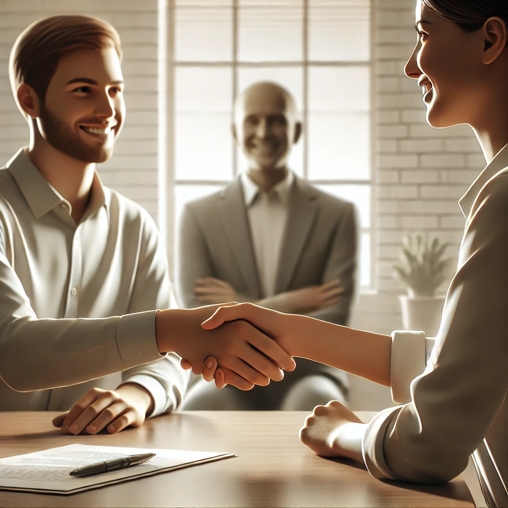 Imagem de duas pessoas apertando as mãos em um escritório moderno, simbolizando a resolução pacífica de um conflito, com um mediador sorrindo ao fundo