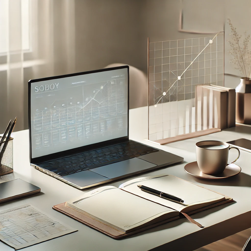 Imagem realista e minimalista de uma mesa de trabalho moderna e organizada, contendo um planner aberto, uma checklist, um laptop elegante e uma xícara de café. A iluminação suave e natural cria um ambiente calmo e focado, com fundo desfocado para destacar os elementos principais. A paleta de cores neutras transmite simplicidade, produtividade e organização.