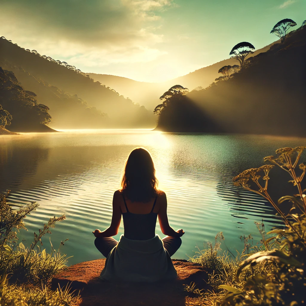 Mulher meditando ao amanhecer à beira de um lago sereno, cercada por montanhas e natureza exuberante. O cenário transmite calma, introspecção e autoconhecimento.