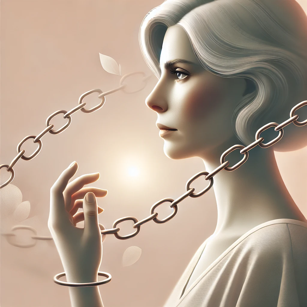 representando a autossabotagem, mostrando uma mulher com expressão contemplativa lutando contra correntes invisíveis que simbolizam medos e crenças limitantes. O fundo em tons pastéis transmite introspecção e crescimento pessoal, enquanto uma luz suave destaca a jornada de autoconfiança e superação