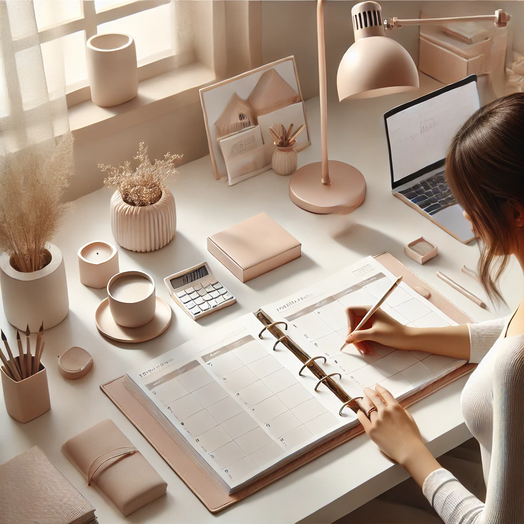 "Mulher planejando metas realistas e organizando seu dia com um planner, em um ambiente minimalista e inspirador.