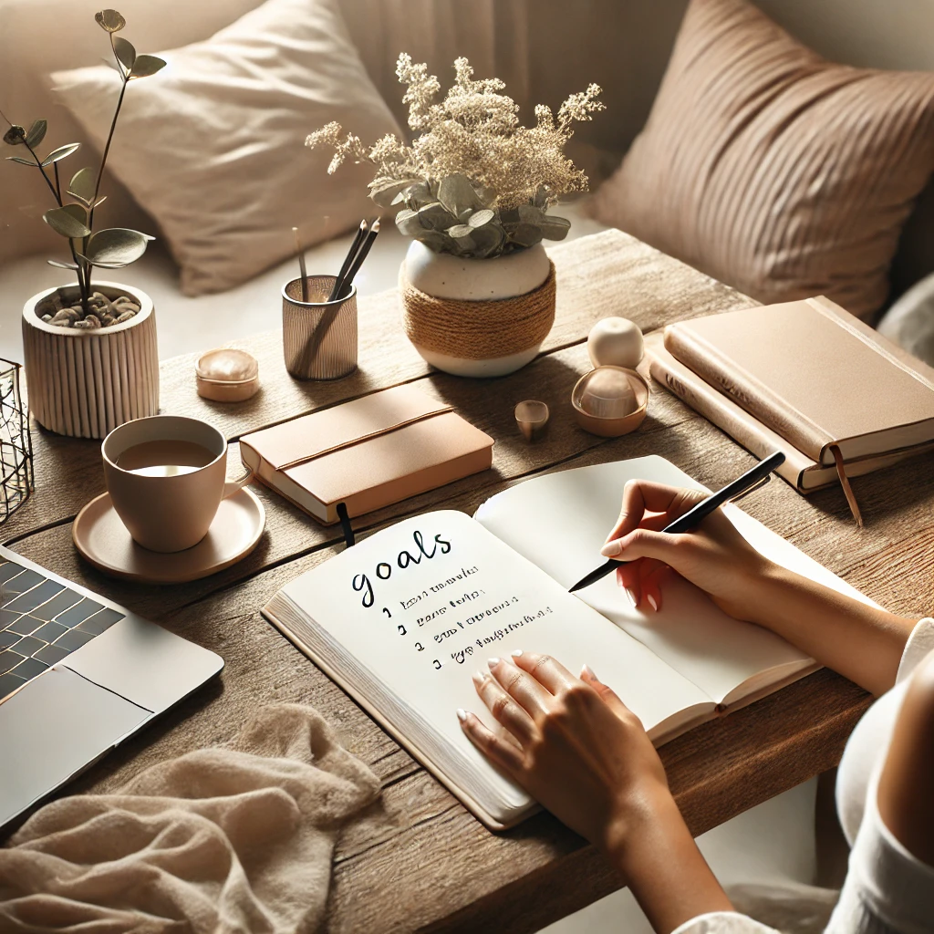 Imagem minimalista e aesthetic de um ambiente inspirador com mãos femininas escrevendo metas em um diário, representando motivação e resiliência.