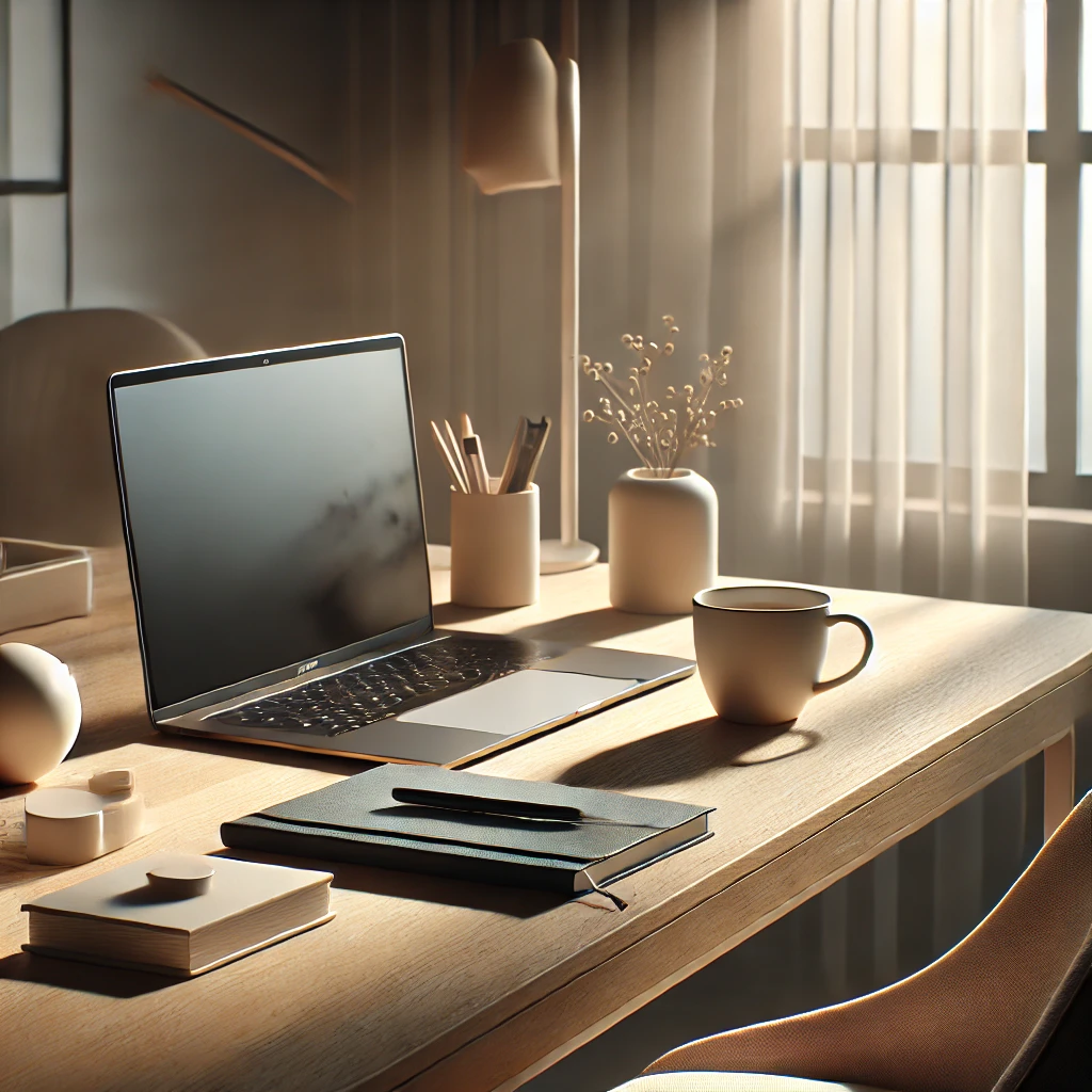 Ambiente minimalista e aesthetic de trabalho feminino, com um espaço organizado e iluminado para manter o foco e a produtividade.