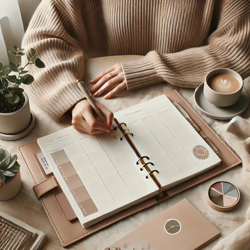 Mulher escrevendo metas realistas em um planner sobre uma mesa organizada, representando planejamento e crescimento pessoal.