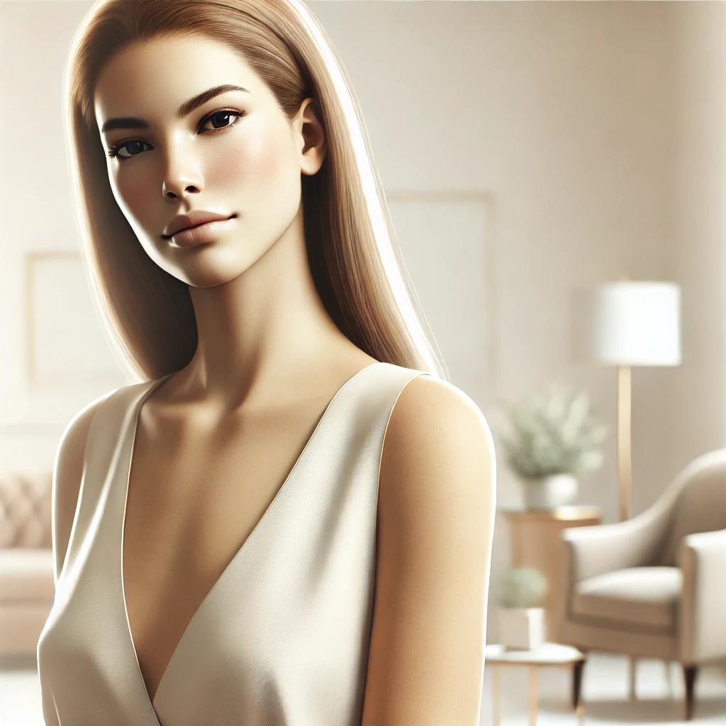Mulher confiante em um ambiente elegante e sereno, simbolizando uma mentalidade de crescimento e sucesso.