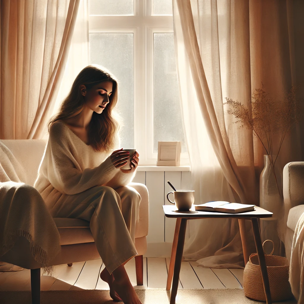 Mulher jovem sentada em um ambiente aconchegante, segurando uma xícara de chá, refletindo com serenidade. O cenário minimalista e acolhedor representa a prática de uma mentalidade positiva.