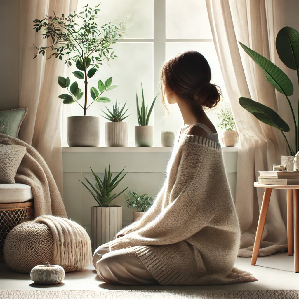 Mulher em introspecção sentada próxima a uma janela com luz natural, em ambiente minimalista e acolhedor — ideal para artigo sobre como entender os próprios sentimentos.