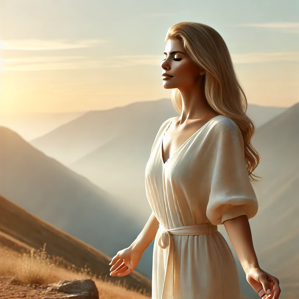 Mulher contemplando o horizonte no topo de uma montanha ao amanhecer, simbolizando o conceito de superar limites com serenidade e determinação