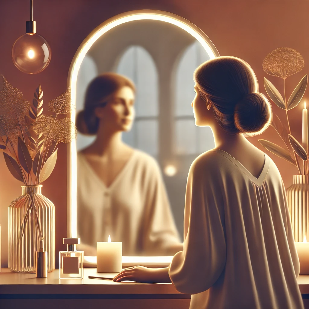 Mulher refletindo com serenidade diante do espelho em um ambiente acolhedor, simbolizando autovalorização e amor-próprio.