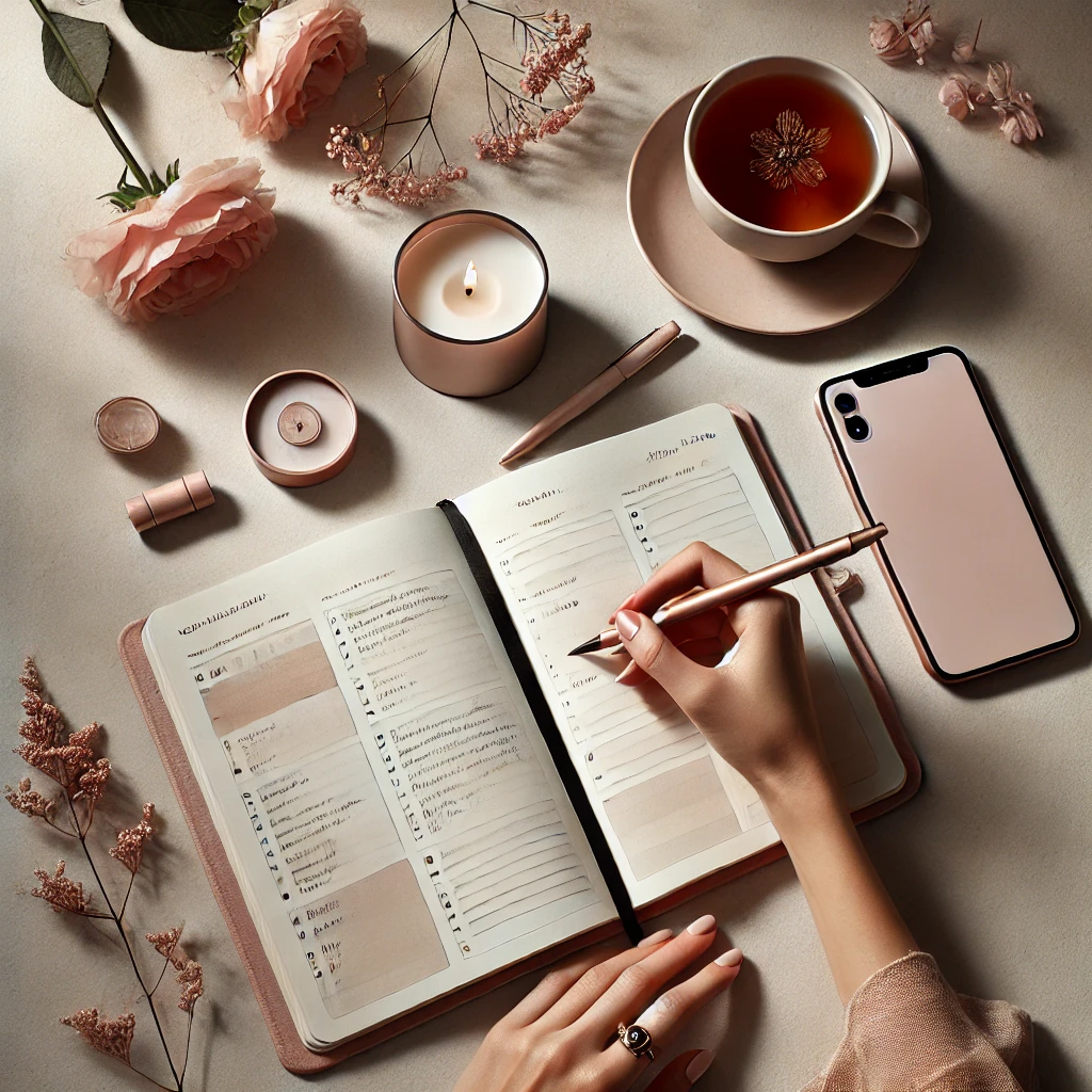 Um espaço de trabalho realista e minimalista com um planejador de tarefas, chá e acessórios femininos, simbolizando como priorizar tarefas importantes.