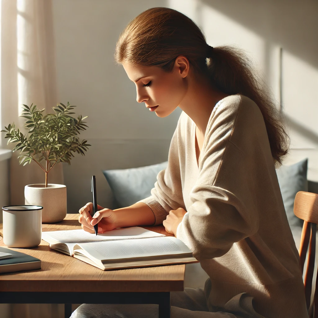 Mulher estudando motivada para concurso público em ambiente minimalista, organizado e aconchegante, representando disciplina e foco na preparação para provas.