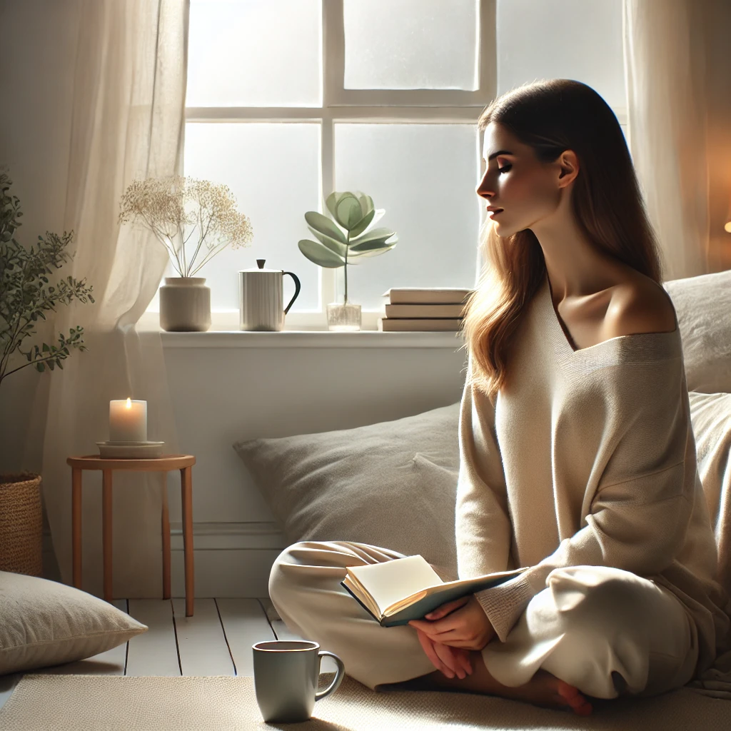 Mulher em ambiente tranquilo e minimalista praticando meditação, simbolizando equilíbrio emocional e desenvolvimento de habilidades emocionais.